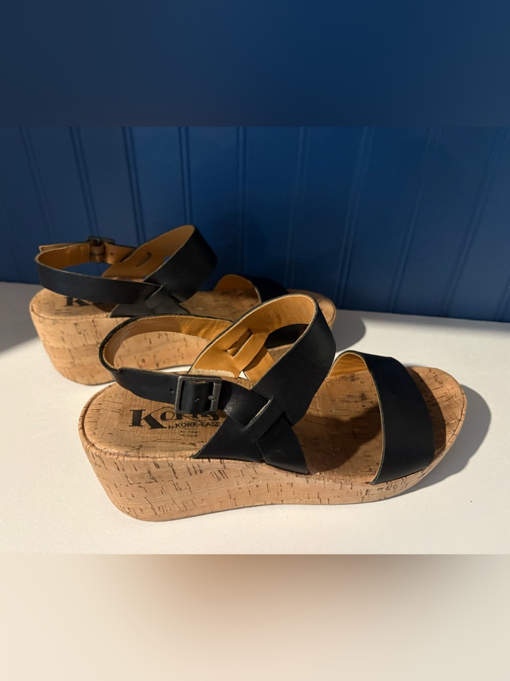 Kork-Ease Black Leather Cork Wedge Sandals